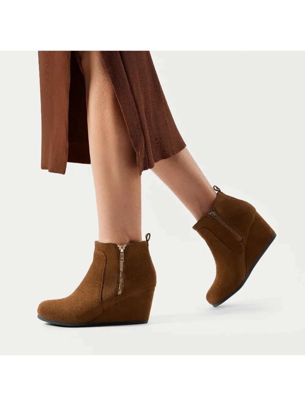 Women's Tan Faux Suede Cushioned Insole Fashion Wedges Casual Ankle Boots